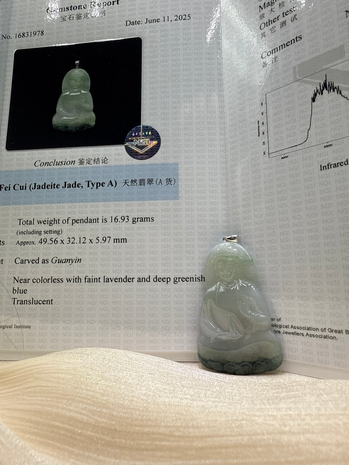 Jade GuanYin Pendant 18k white gold - 天然翡翠牌 NGI Certified