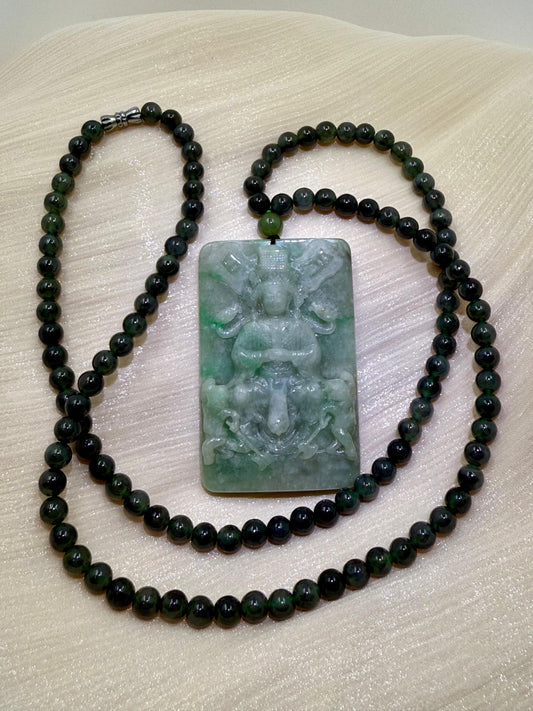 Natural Jadeite Jade Mazu(妈祖) Pendant with Necklace - Goddess of the Sea 妈祖天然翡翠玉牌和翡翠项链
