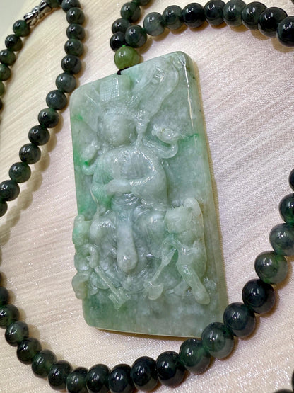 Natural Jadeite Jade Mazu(妈祖) Pendant with Necklace - Goddess of the Sea 妈祖天然翡翠玉牌和翡翠项链