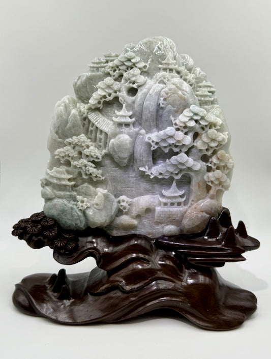 Jade High Mountain Flowing Water Showcase Display - 翡翠玉高山流水摆件 (JM08)
