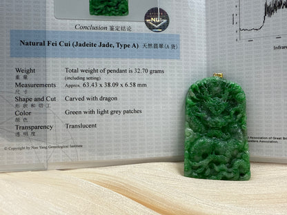 Jade Green Dragon Pendant with 18k gold - 天然翡翠玉 NGI Certified